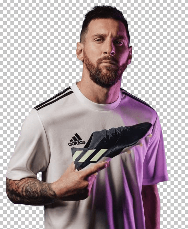 Lionel Messi holding a boot wearing white t-shirt transparent image
