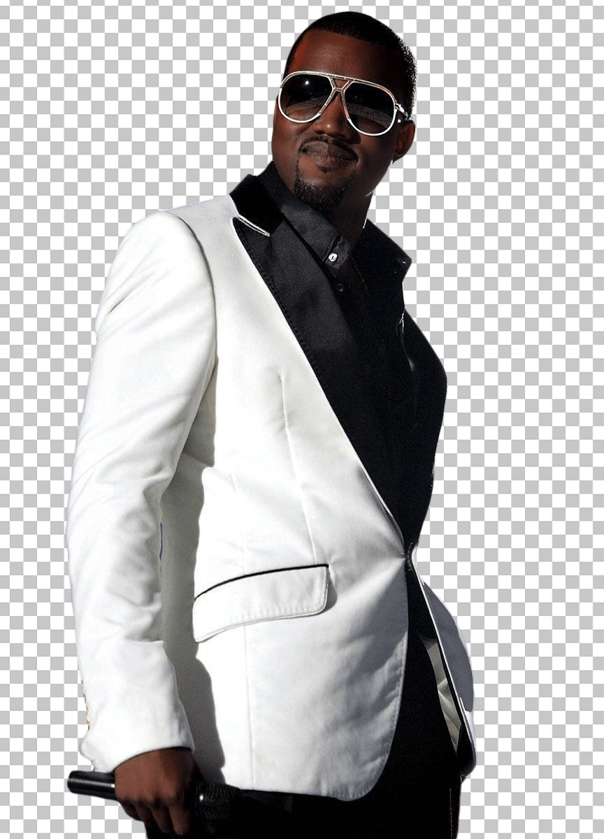 Kanye West wearing white suit and black sunglasses transparent image