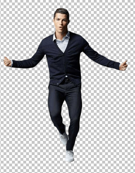 Cristiano Ronaldo walking with both his hand wide open wearing black jacket transparent image