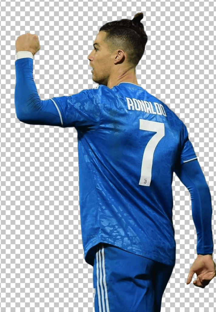 Cristiano Ronaldo with his left hand up and wearing blue jersey transparent image