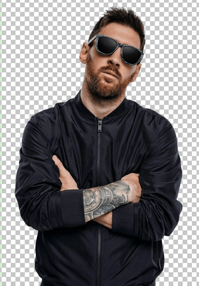 Lionel Messi wearing sunglasses and black jacket transparent image