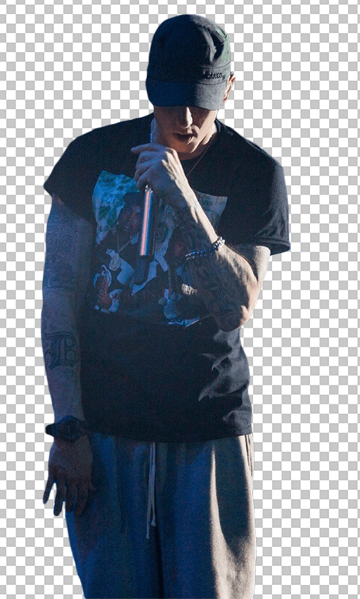 Eminem rapping wearing black cap and black t-shirt transparent image