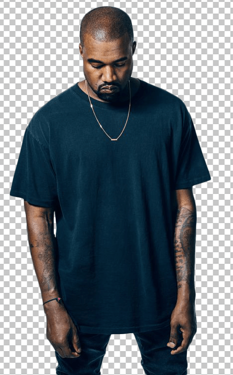 Kanye West standing and looking down wearing blue t-shirt and gold chain transparent image
