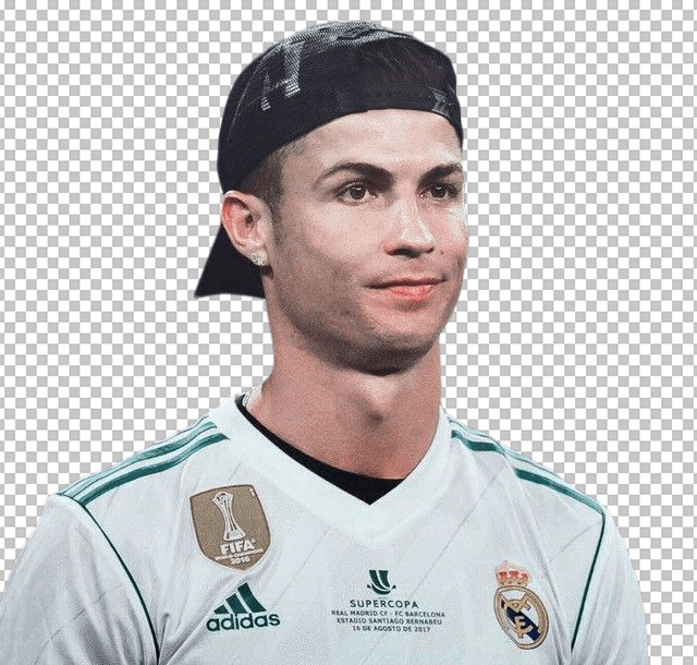 Cristiano Ronaldo wearing black cap wearing real madrid jersey transparent image