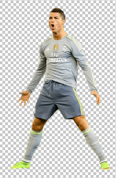 Cristiano Ronaldo jumping wearing grey real madrid jersey transparent image