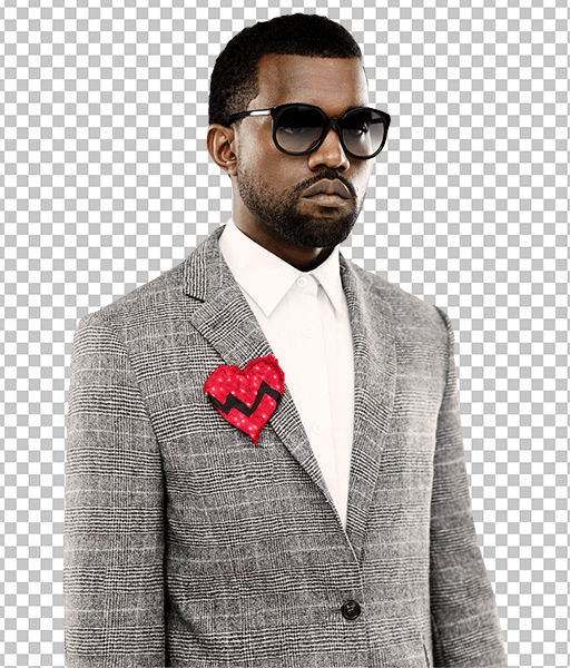 Kanye West wearing grey suit and black sunglasses transparent image