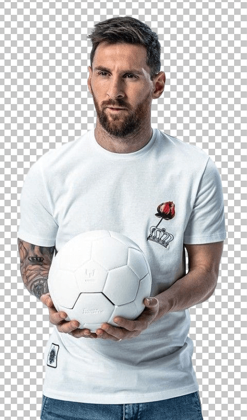 Lionel Messi holding white football and wearing white t-shirt transparent image