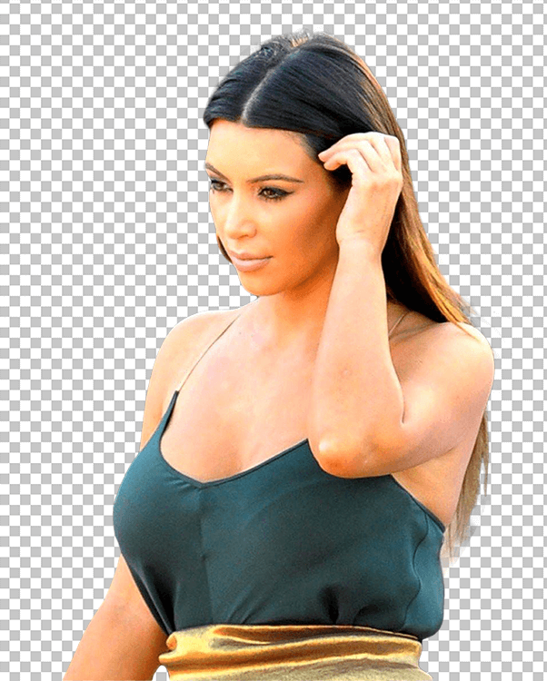 Kim Kardashian playing with her hair and wearing green dress transparent image