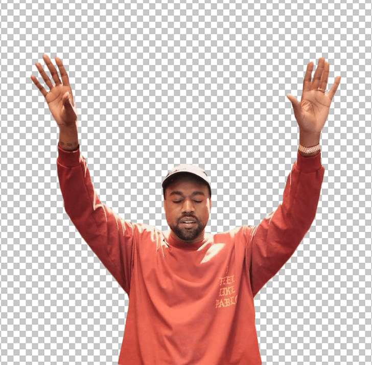 KanyeWest closing his eyes and waving his hands wearing sweatshirt transparent image