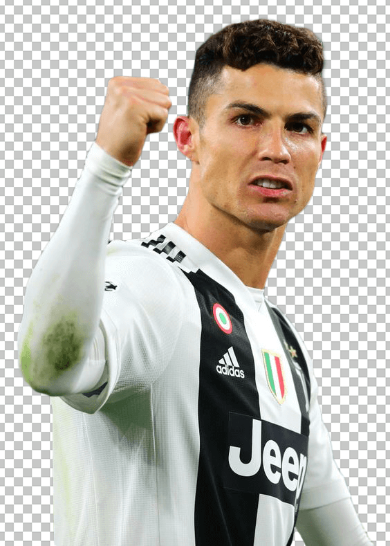 Cristiano Ronaldo holding his right hand up wearing juventus jersey transparent image