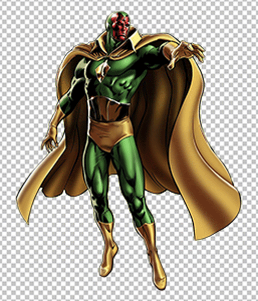 Vision wearing green suit and yellow cape transparent image