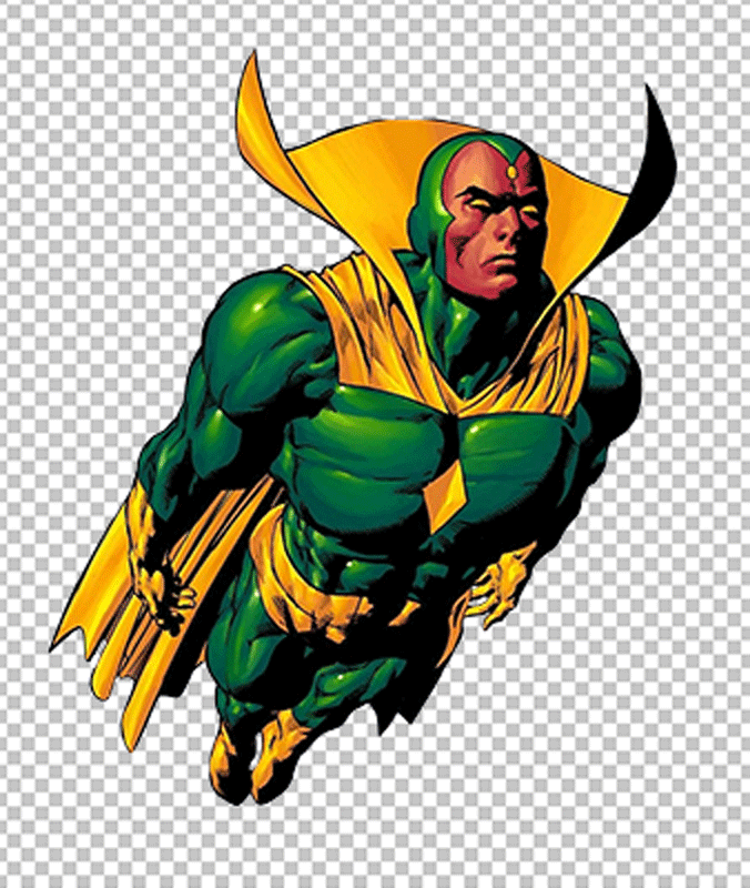 Vision flying wearing green suit and yellow cape transparent image