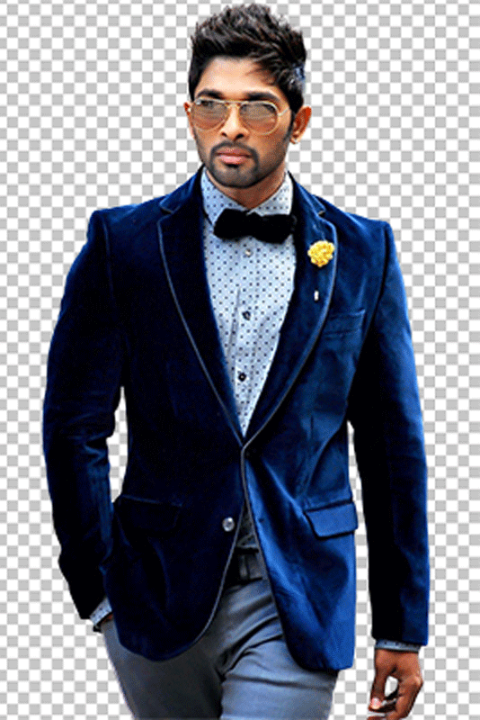 Allu Arjun wearing sunglasses, blue suit with bow tie transparent image