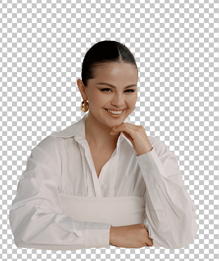 Selena Gomez smiling with cute face wearing white shirt transparent image