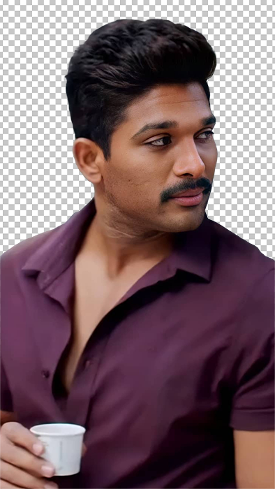 Allu Arjun looking to his left holding a white cup wearing purple shirt transparent image