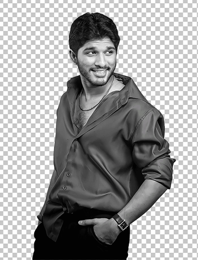 Allu Arjun smiling wearing black shirt and pant transparent image