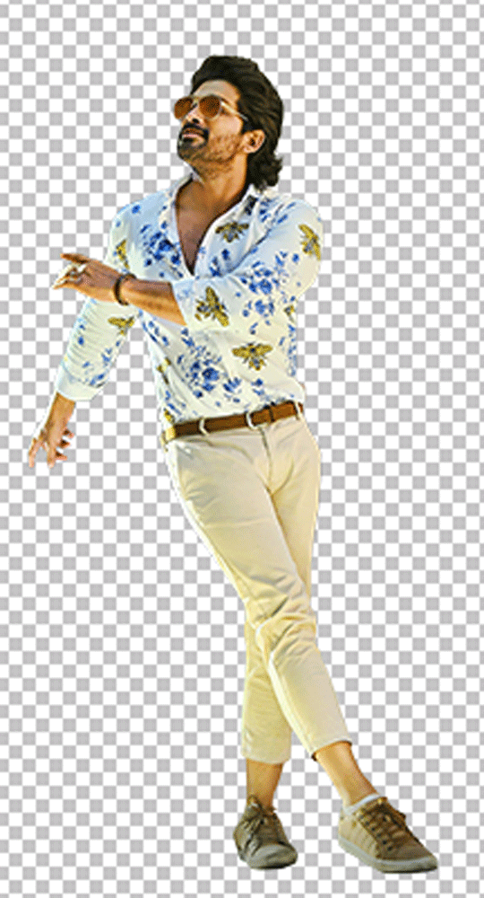 Allu Arjun dancing wearing sunglasses, floral shirt and cream colour pants transparent image