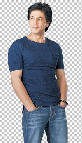 Shah Rukh Khan standing wearing blue t-shirt and blue jeans transparent image