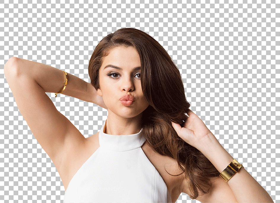 Selena Gomez standing palying with her hair wearing white dress transparent image
