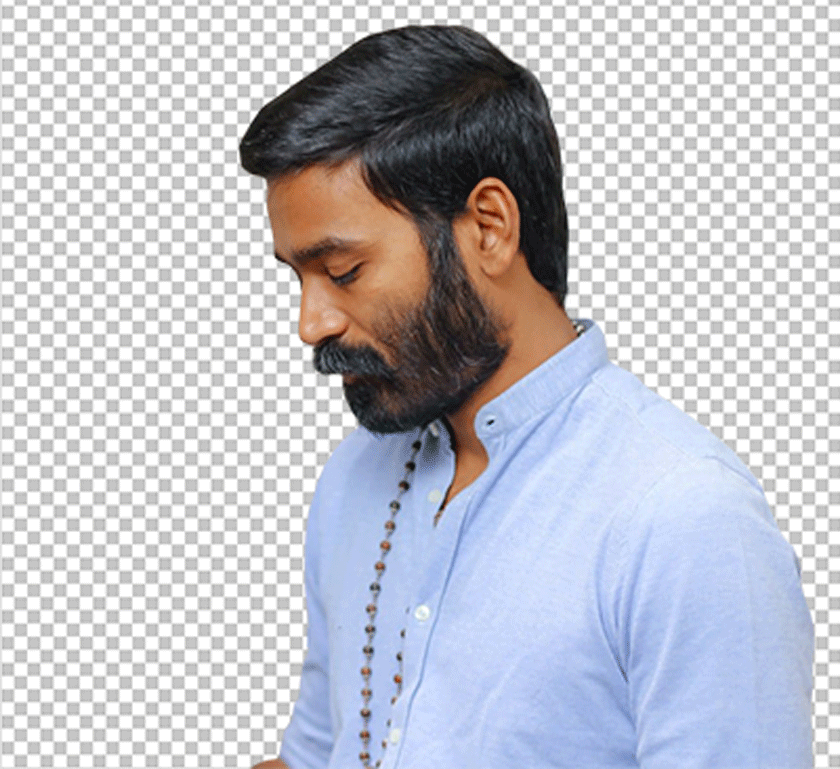 Dhanush closing eyes with beard wearing blue shirt looking down transparent image