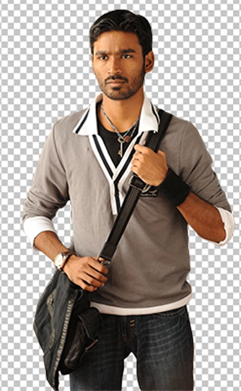 Dhanush carrying sidebag standing wearing sweater and a side bag transparent image