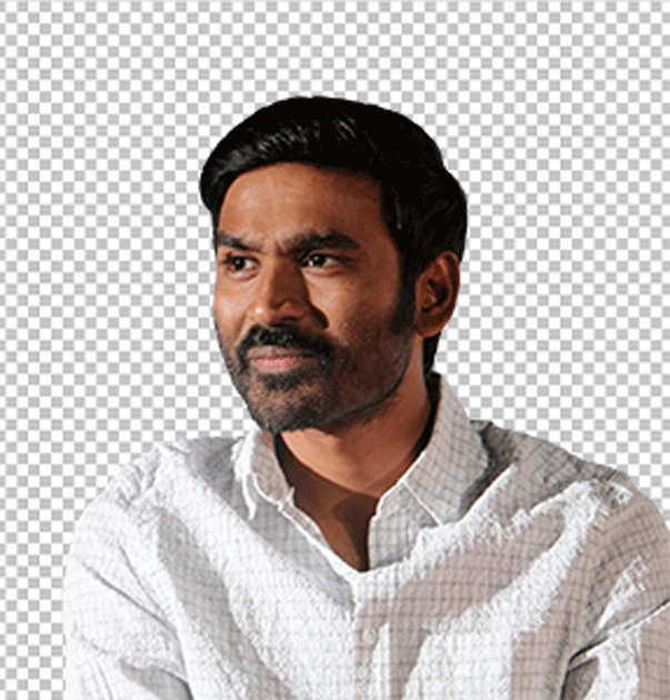 Dhanush sitting looking to his right wearing white shirt transparent image