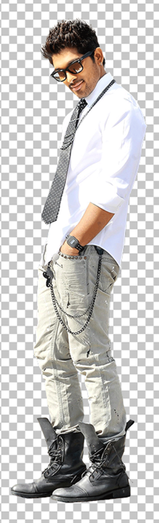 Allu Arjun standing wearing sunglasses, white shirt, spotted tie and black boots transparent image