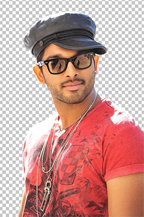 Allu Arjun wearing black cap black sunglasses and red t-shirt transparent image