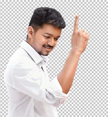 Vijay happy wearing white shirt and pointing up transparent image