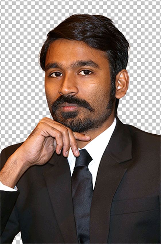 Dhanush sitting wearing black suit , white shirt and black tie transparent image