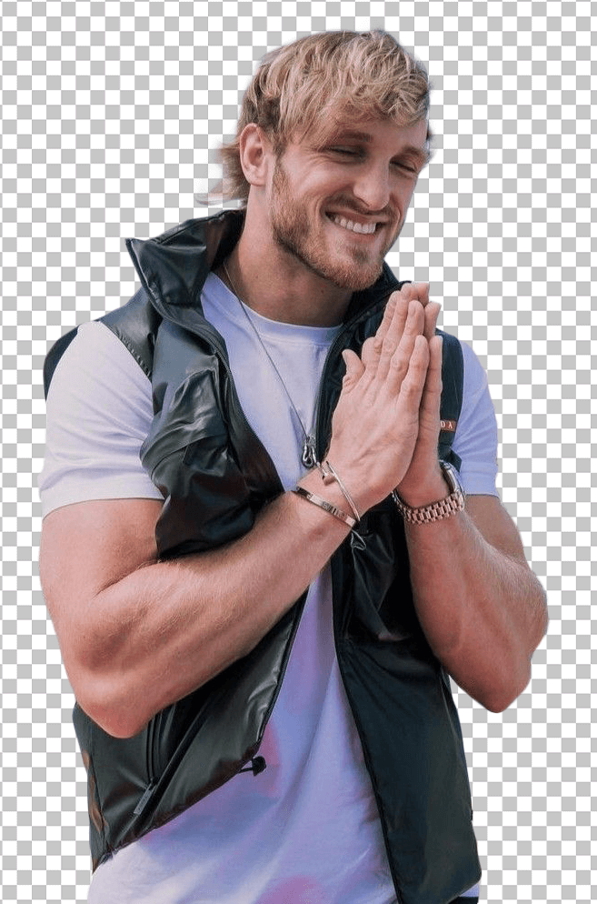 Logan Paul smiling joining hands wearing half jacket and white t-shirt transparent image
