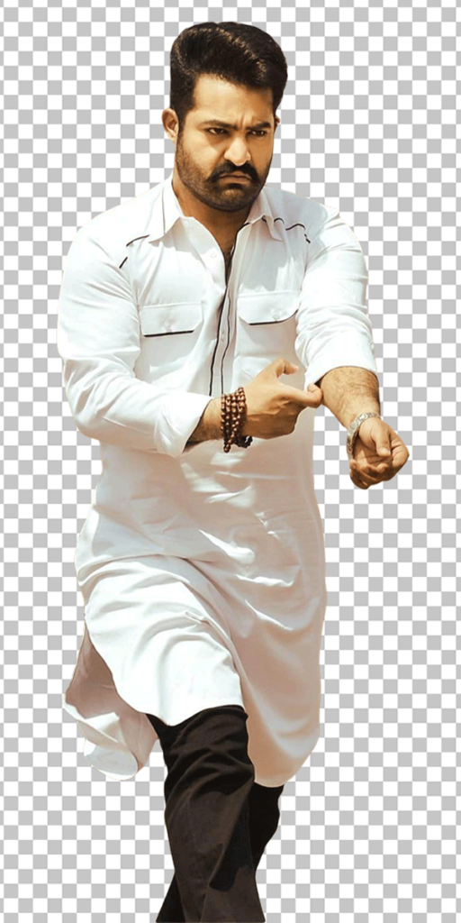 Jr Ntr action and angry wearing white shirt and walking while rolling his sleeves transparent image