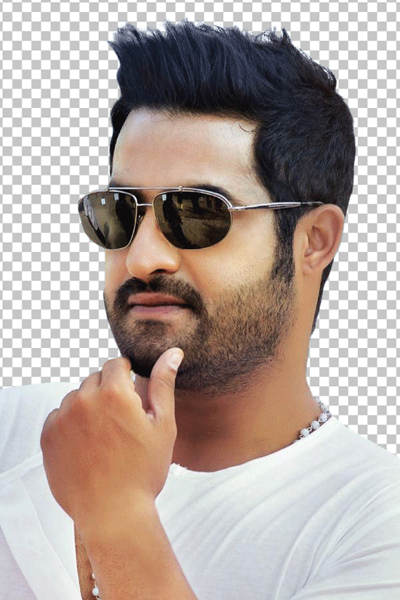 JrNtr thinking while wearing black sunglasses and white t-shirt transparent image