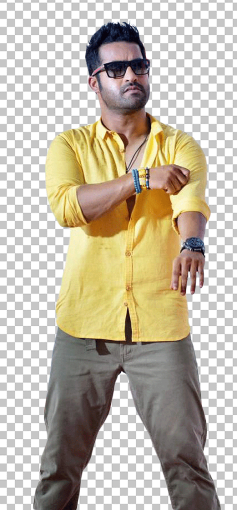 JrNtr angry expression rolling his yellow shirt sleeves wearing sunglasses transparent image