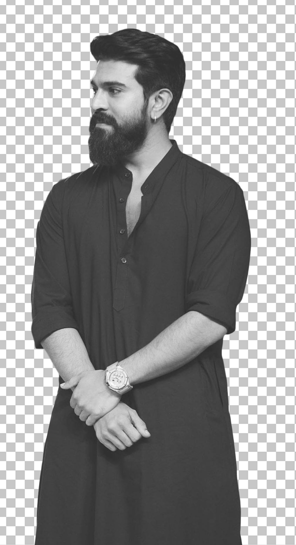 Ram Charan black and white photo with beard
