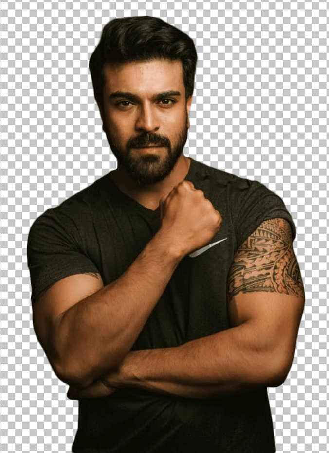 Ramcharan looking straight wearing black t-shirt transparent image