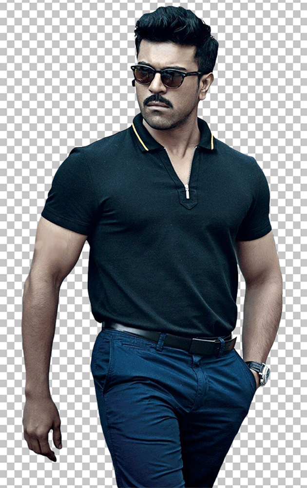Ram charan walking wearing black sunglasses and black polo t-shirt transparent image
