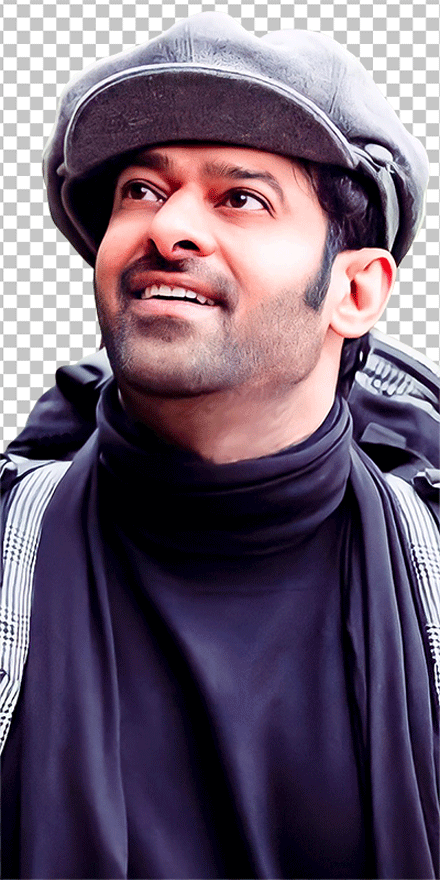 Prabhas happy while wearing grey hat, black scarf and looking up transparent image