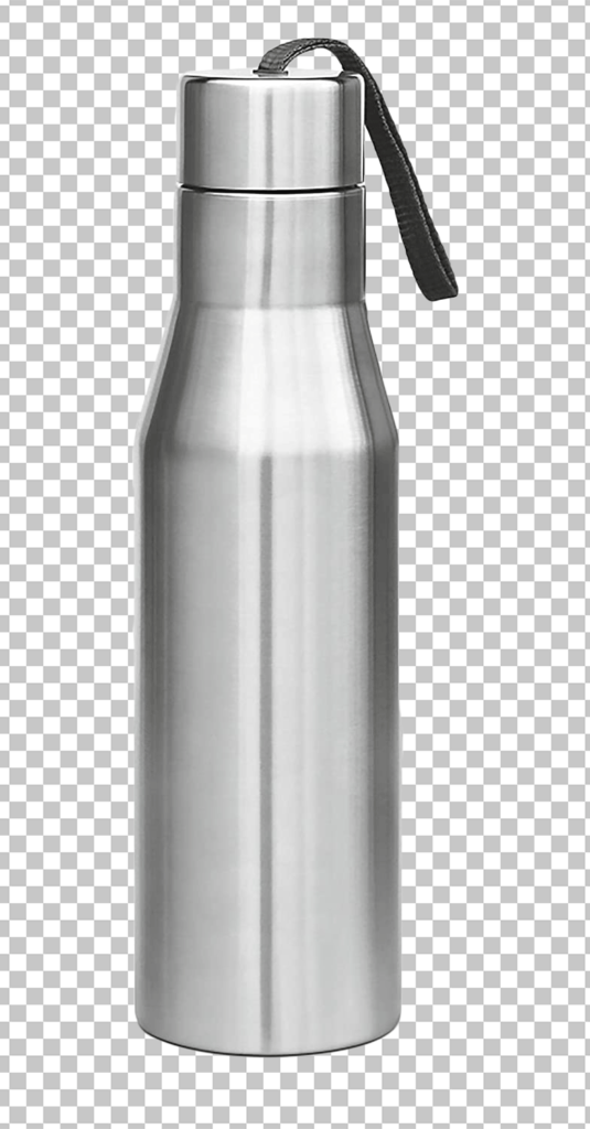 metal water Bottle with a black strap png image