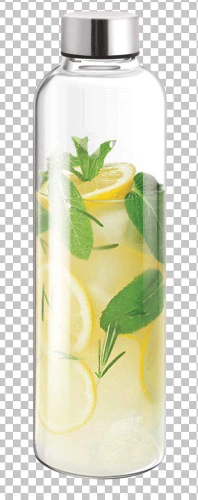 Bottle with yellow lemons and green leaves png image