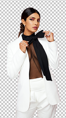 Priyanka Chopra in a white suit with a black scarf PNG image