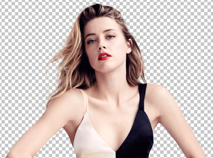 Amber Heard wearing red lipstick and wearing black and white dress png image