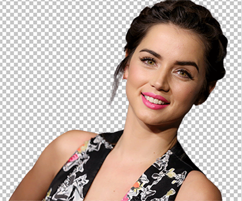 Ana De Armas laughing wearing a beautiful dress and pink lipstick and in a happy mood png image.