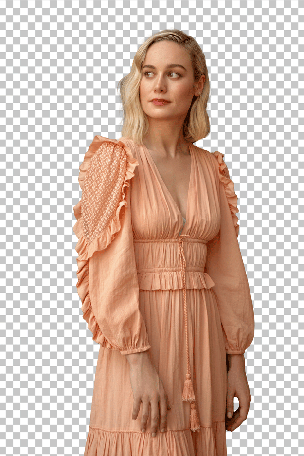 Brie Larson standing wearing a cream colour dress png image