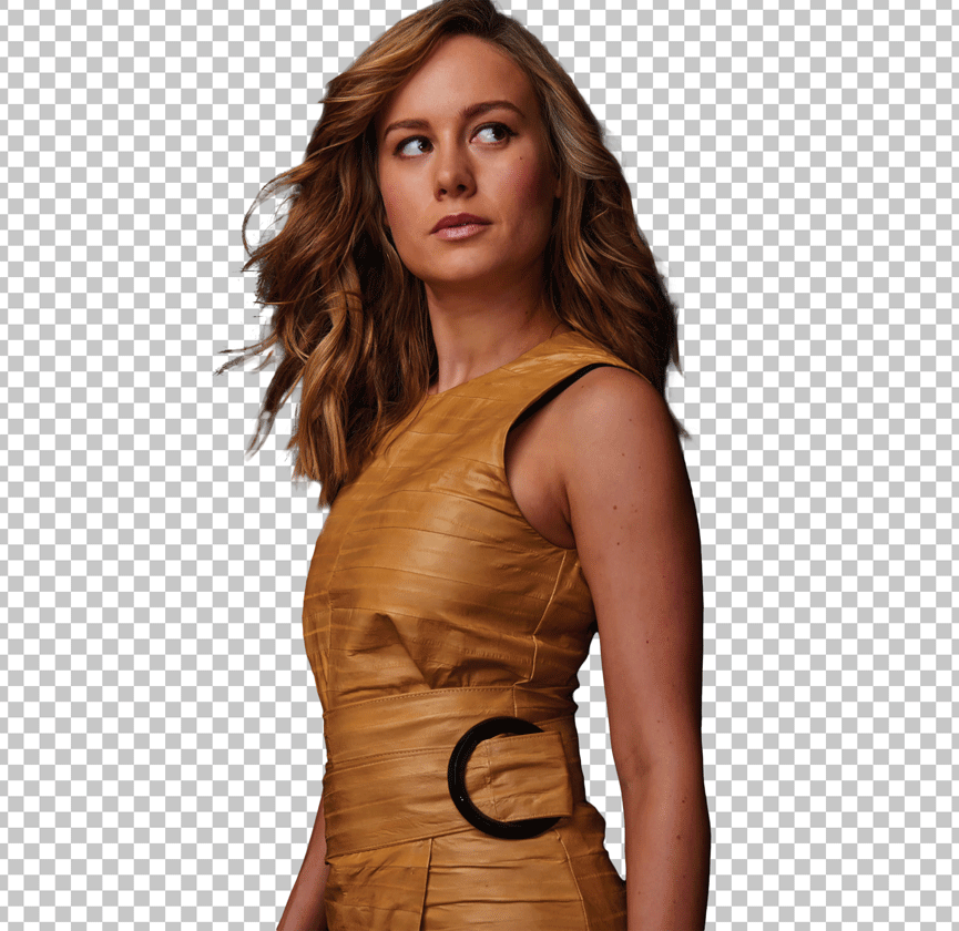 Brie Larson standing wearing a gold colour dress png image