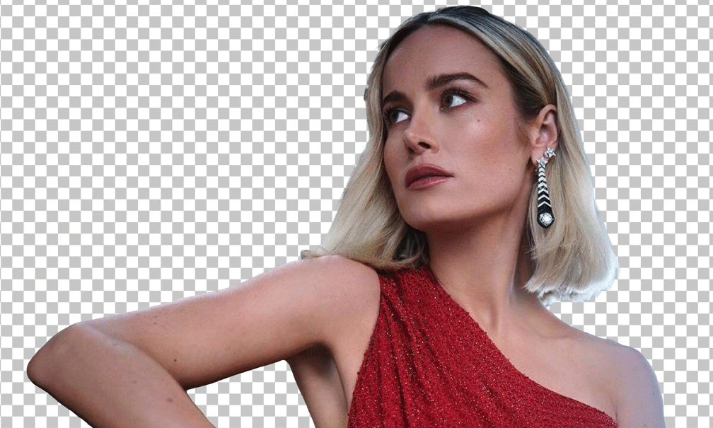 Brie Larson looking to her right wearing red dress png image