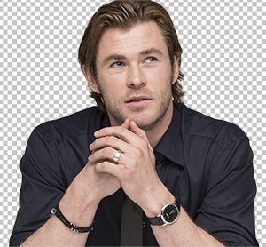 Chris Hemsworth sitting and wearing black shirt, looking left PNG
