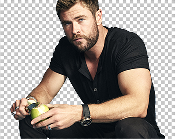 Chris Hemsworth sitting and wearing black t-shirt and pant PNG image