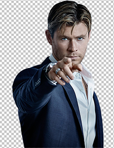 Chris Hemsworth pointing finger and wearing blue suit blue PNG