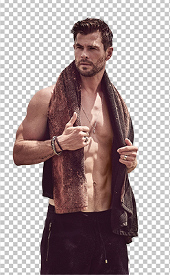 Chris Hemsworth shirtless, wearing muffler and standing PNG image